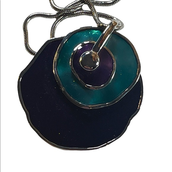Vintage 1980s Silver finish Purple & teal abstract disk chunky necklace - Picture 10 of 12